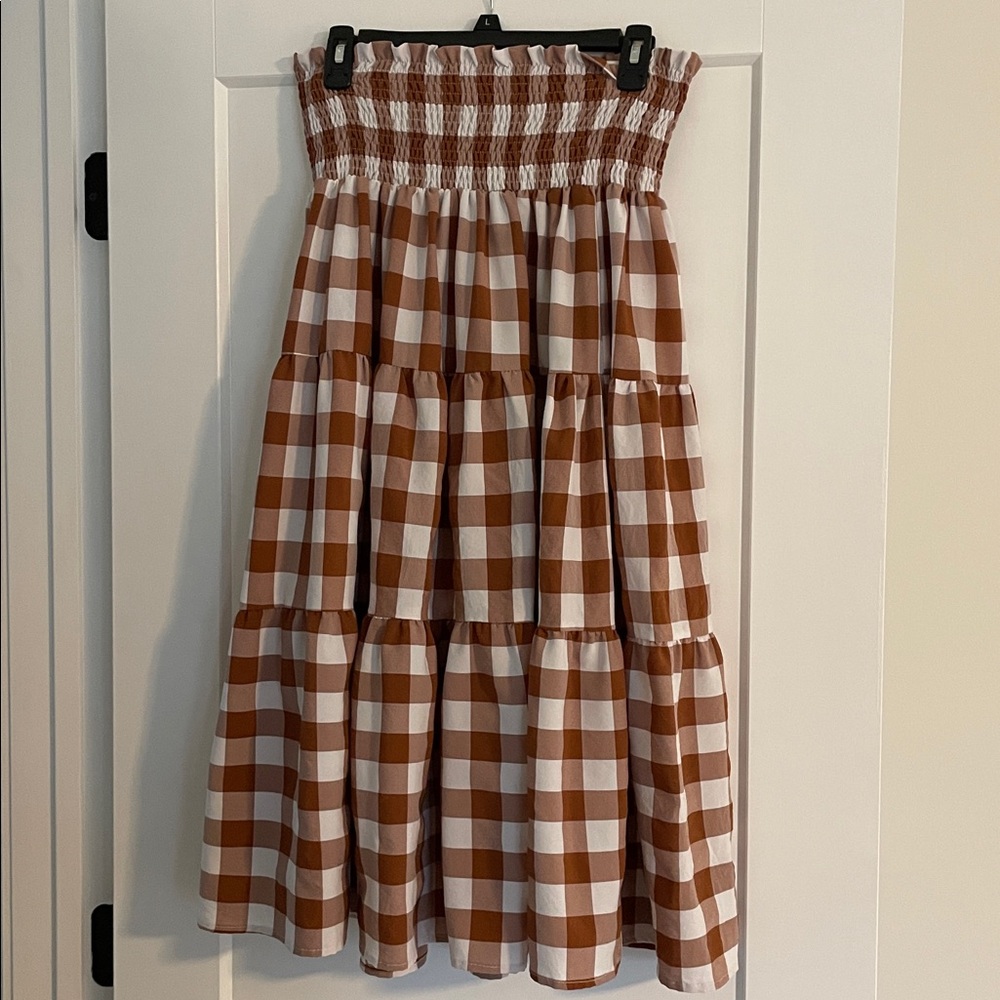 Brown and White Gingham Tiered Skirt